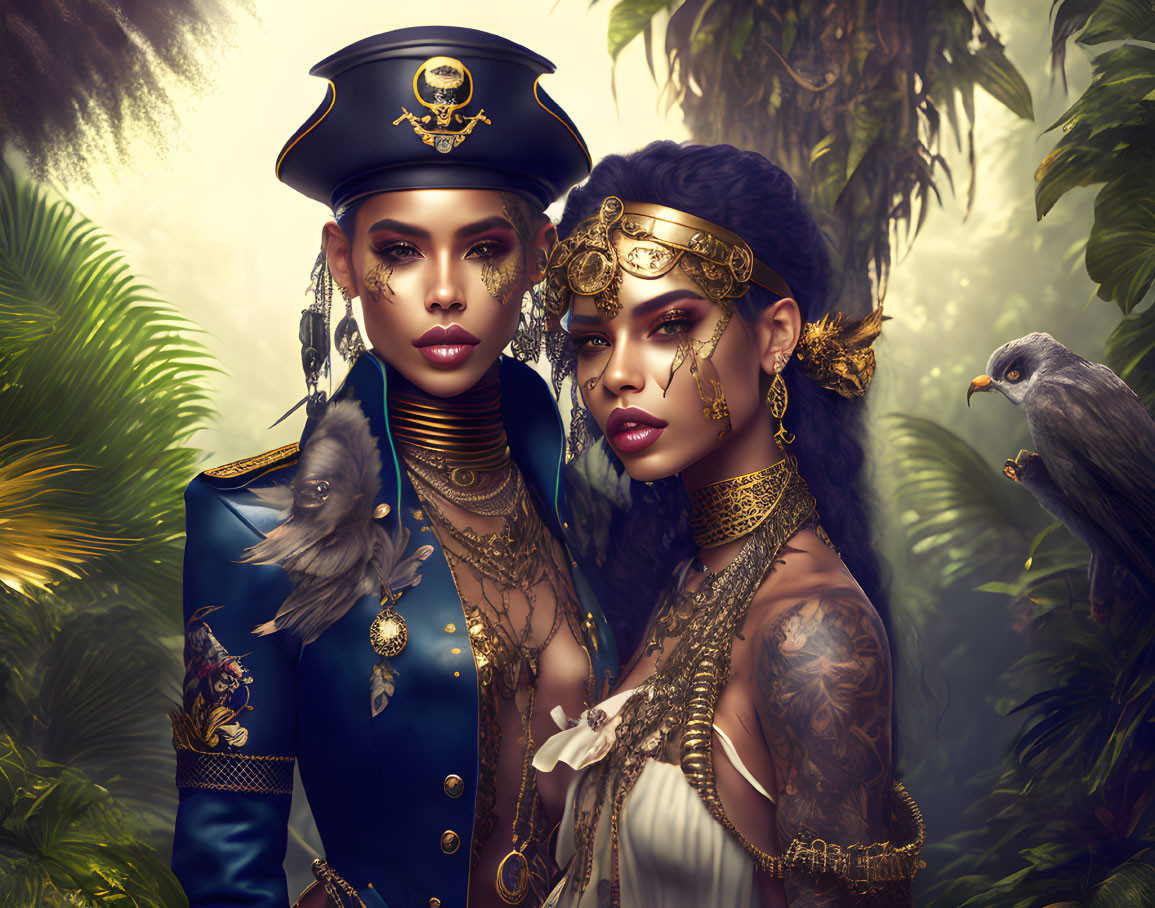 Two Women in Fantasy Military Uniforms with Gold Accents in Jungle Setting