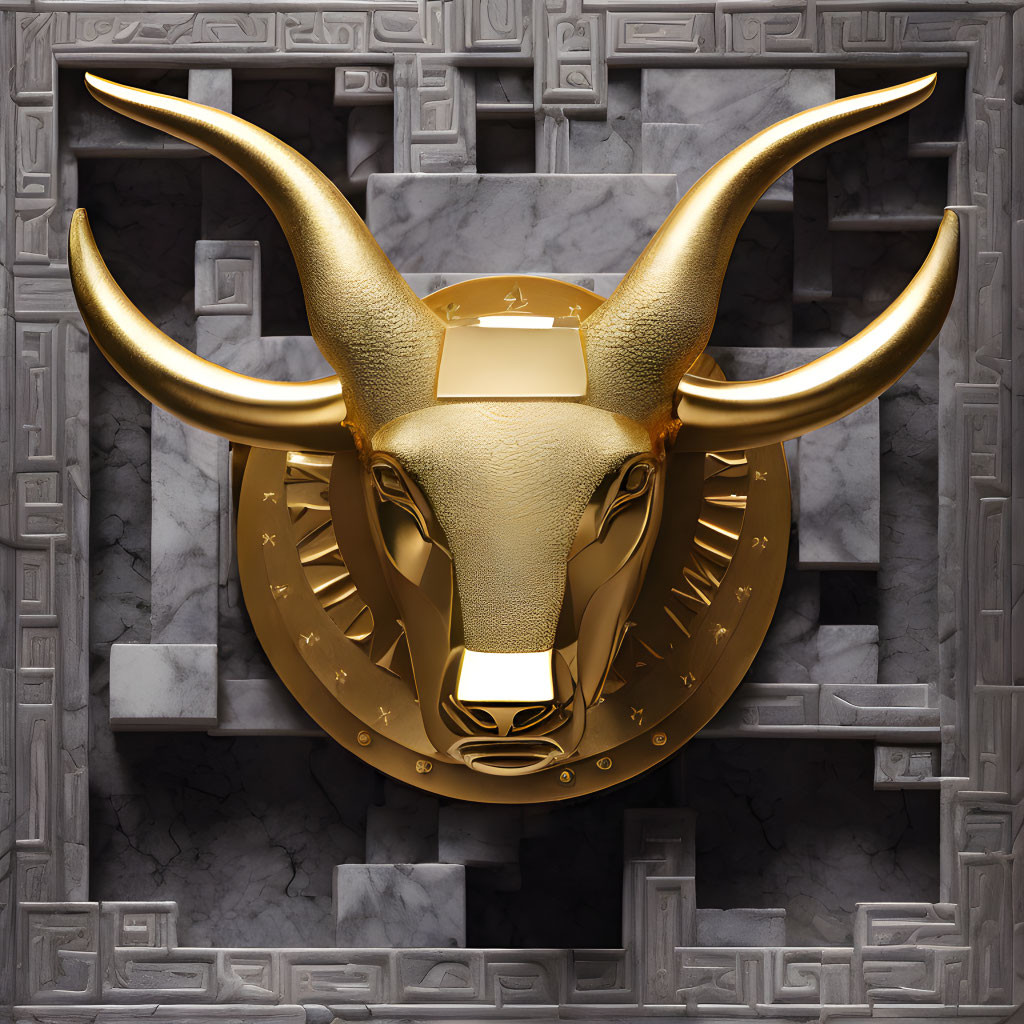 Golden bull's head sculpture on gray Greek key pattern background