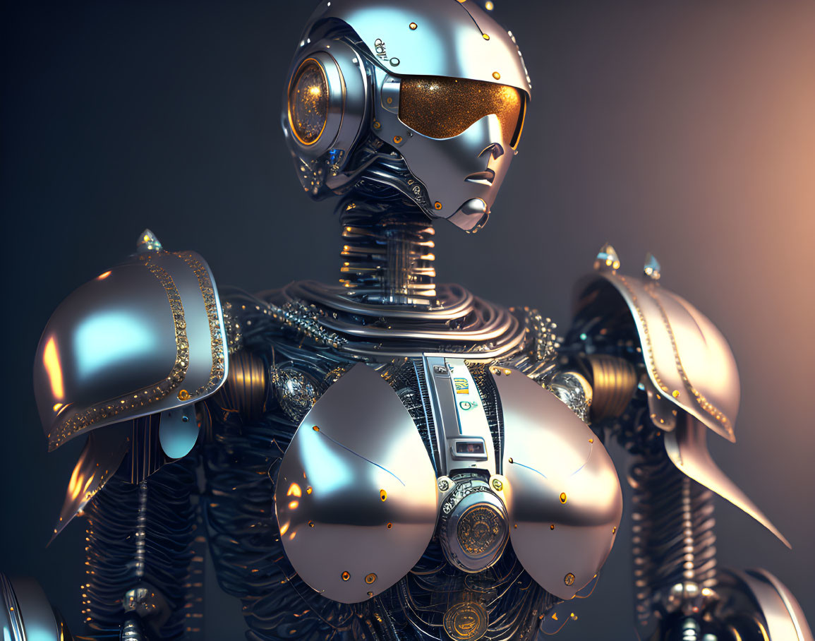 Detailed Golden Futuristic Robot with Reflective Armor