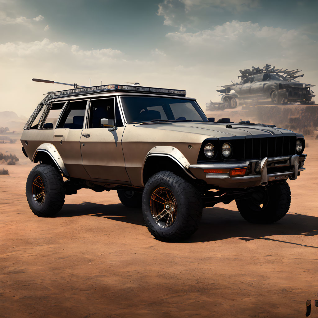 Vintage SUV with off-road tires parked in desert with armored vehicle in background