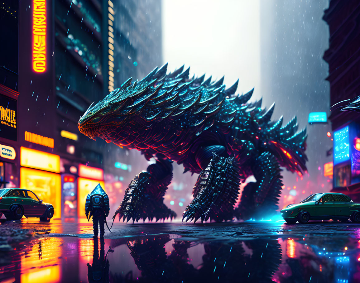 Armored dragon overlooks futuristic street with lone figure