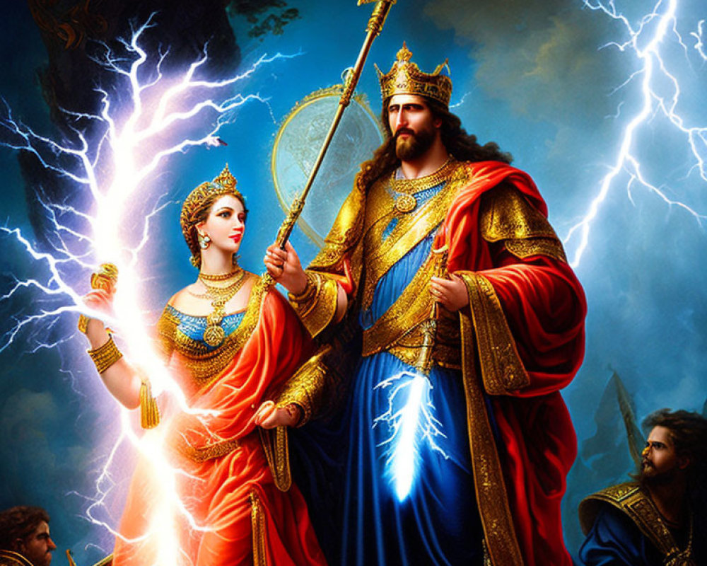 Regal couple in golden armors with lightning, man holding scepter, woman with bow