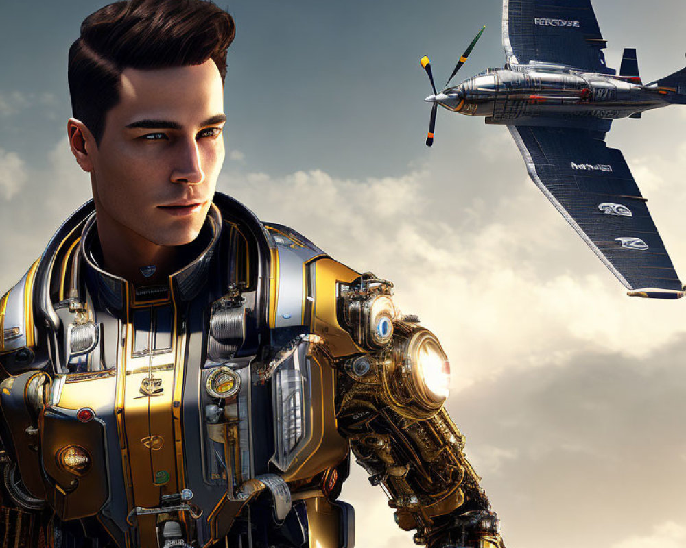 Detailed futuristic male figure in high-tech exosuit with drone aircraft in sky.