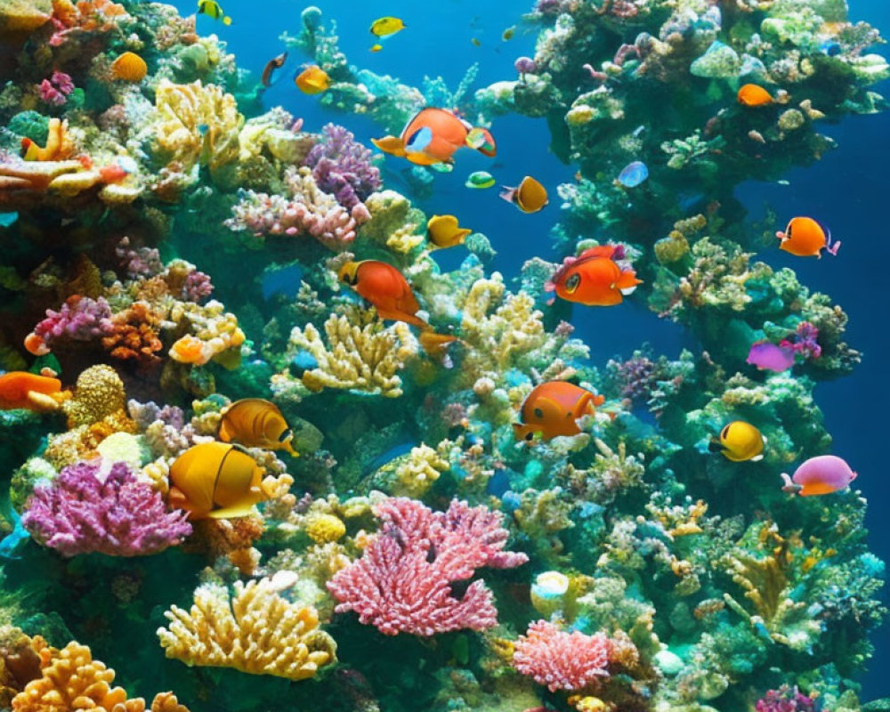 Colorful fish and diverse coral formations in vibrant underwater coral reef