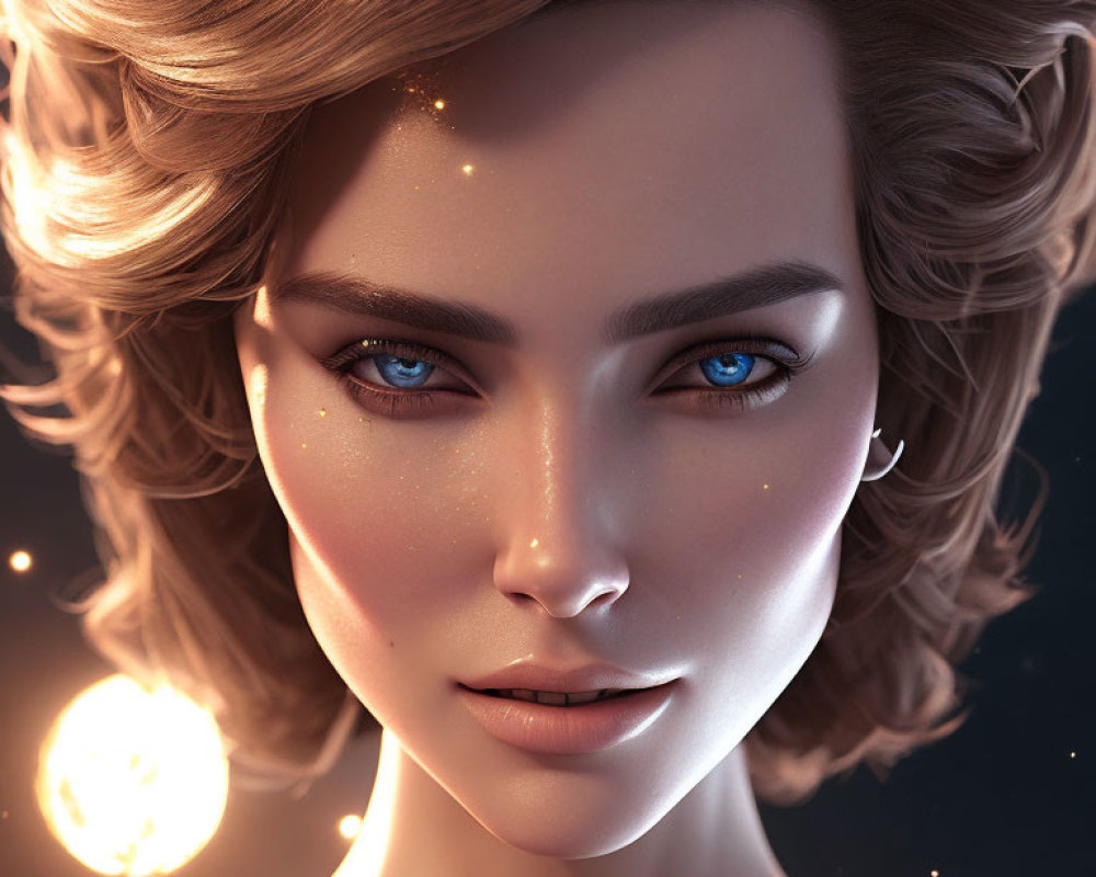 3D-rendered female face with blue eyes and celestial motifs on dark space backdrop