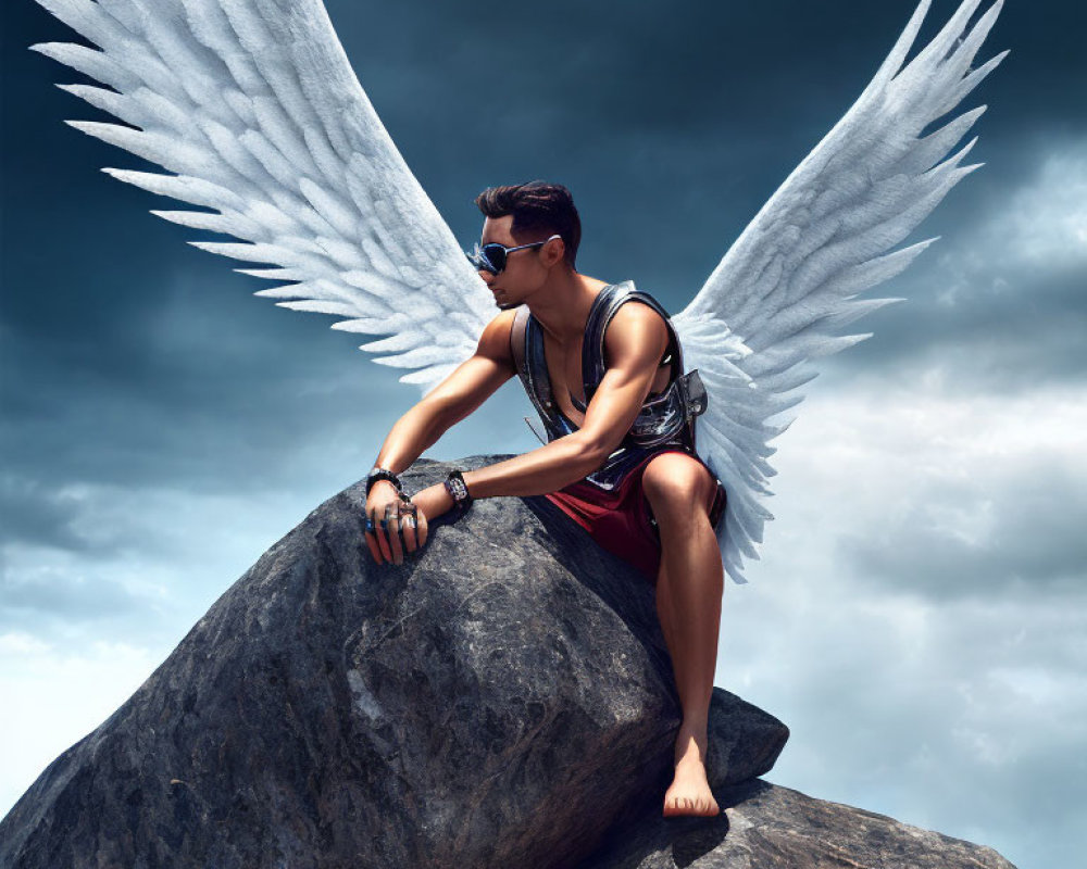 Person with Large White Angel Wings Sitting on Rock Against Stormy Sky