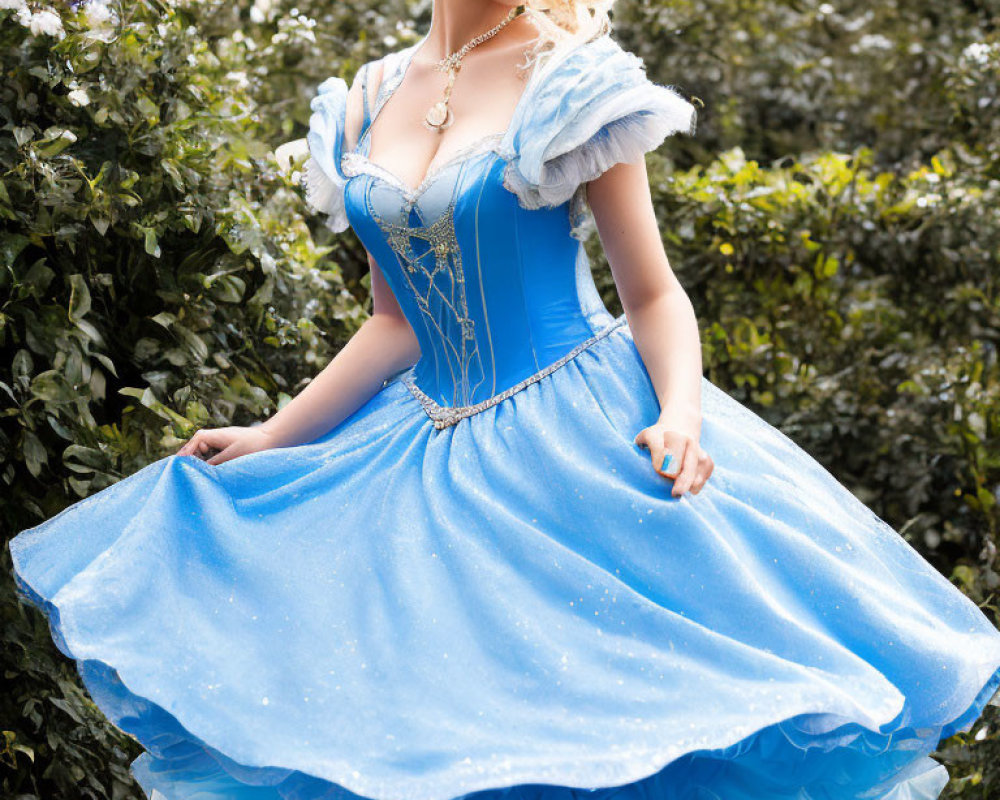 Person in Blue Princess Dress Poses Among White Flowers