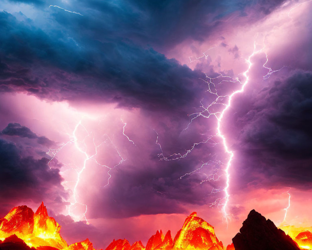 Vibrant lightning bolts strike fiery red mountain peaks under a tumultuous dark sky