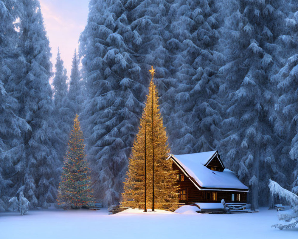 Snowy pine forest cabin with Christmas trees at twilight