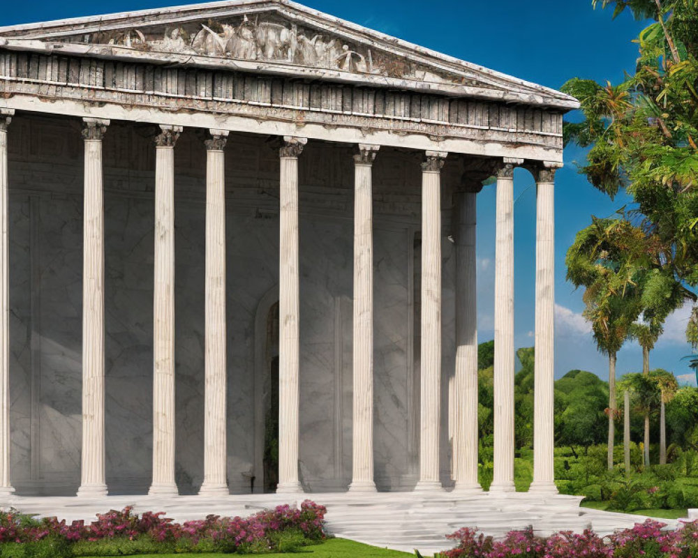 Classical Greek temple with towering columns in lush greenery