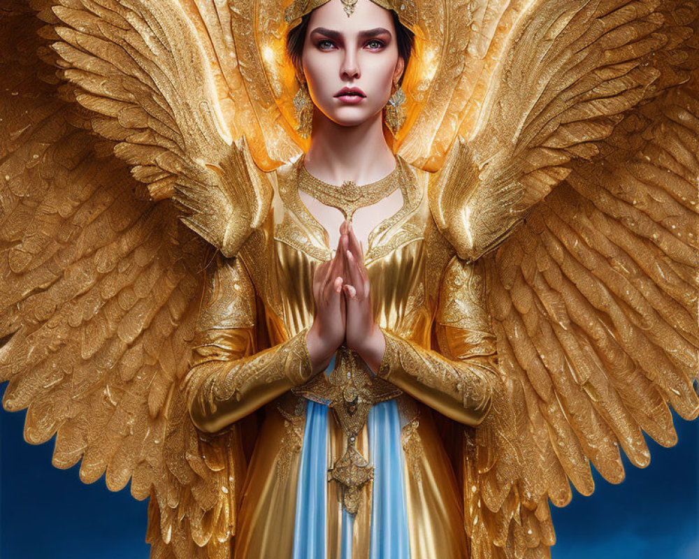 Ornate gold headpiece and wings on person in prayerful pose against blue sky