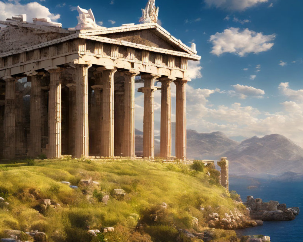 Ancient Doric columns of the Parthenon on Acropolis hill with serene sea and mountain landscape