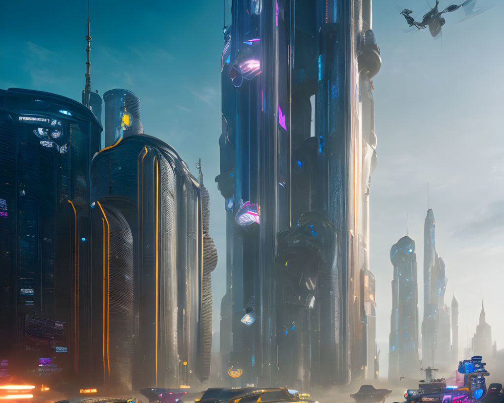 Futuristic cityscape: towering skyscrapers, neon lights, flying vehicles