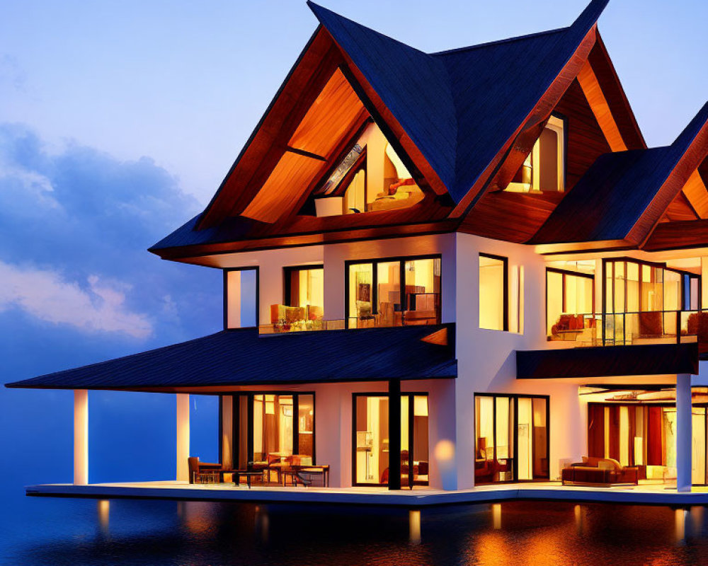 Contemporary waterfront house with large windows and dark roof at twilight