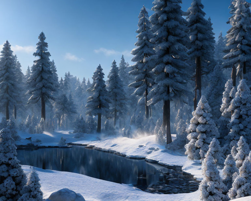 Snow-covered pine trees and frozen lake in serene winter landscape