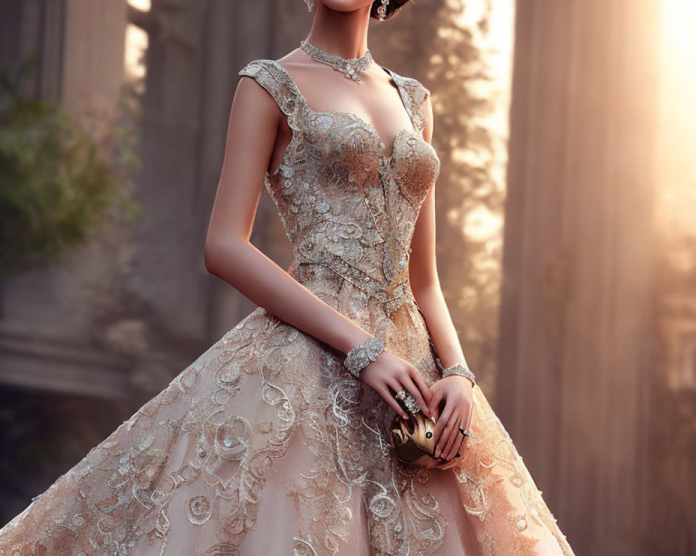 Luxurious Beaded Gown on Elegant Woman with Sophisticated Jewelry