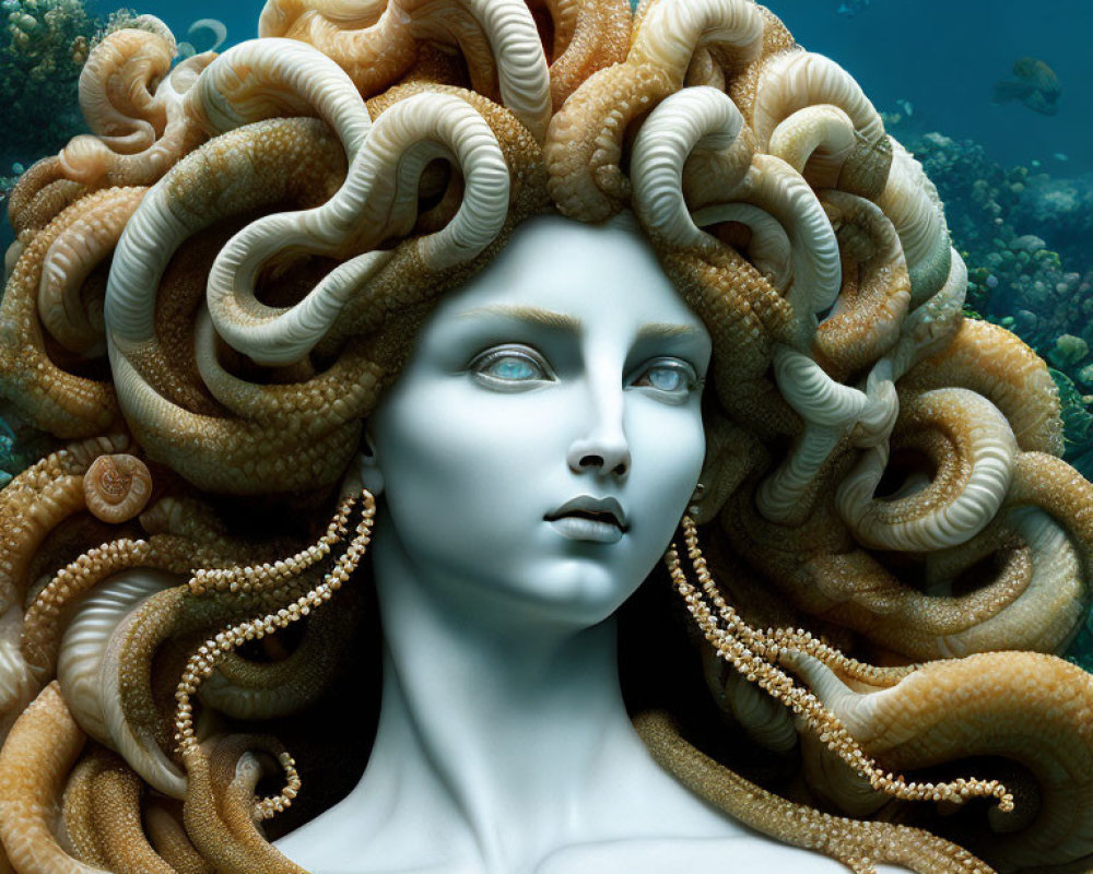 Surreal portrait of woman with pale blue skin and octopus-like hair underwater