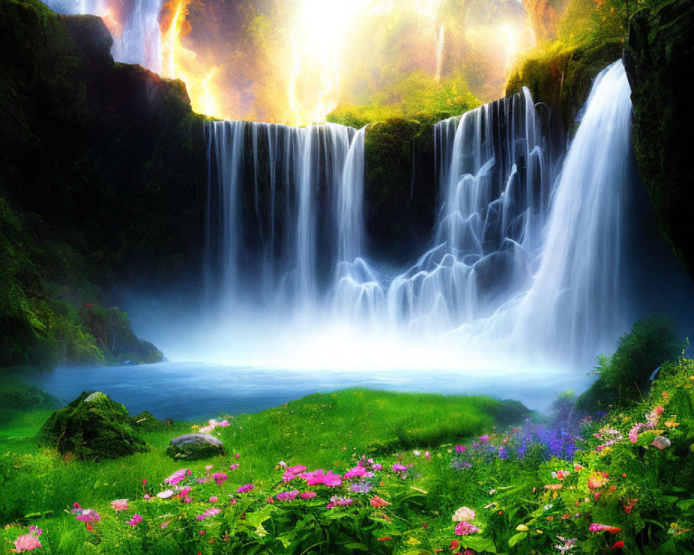 Surreal landscape with vibrant waterfall, lush greenery, and radiant flowers