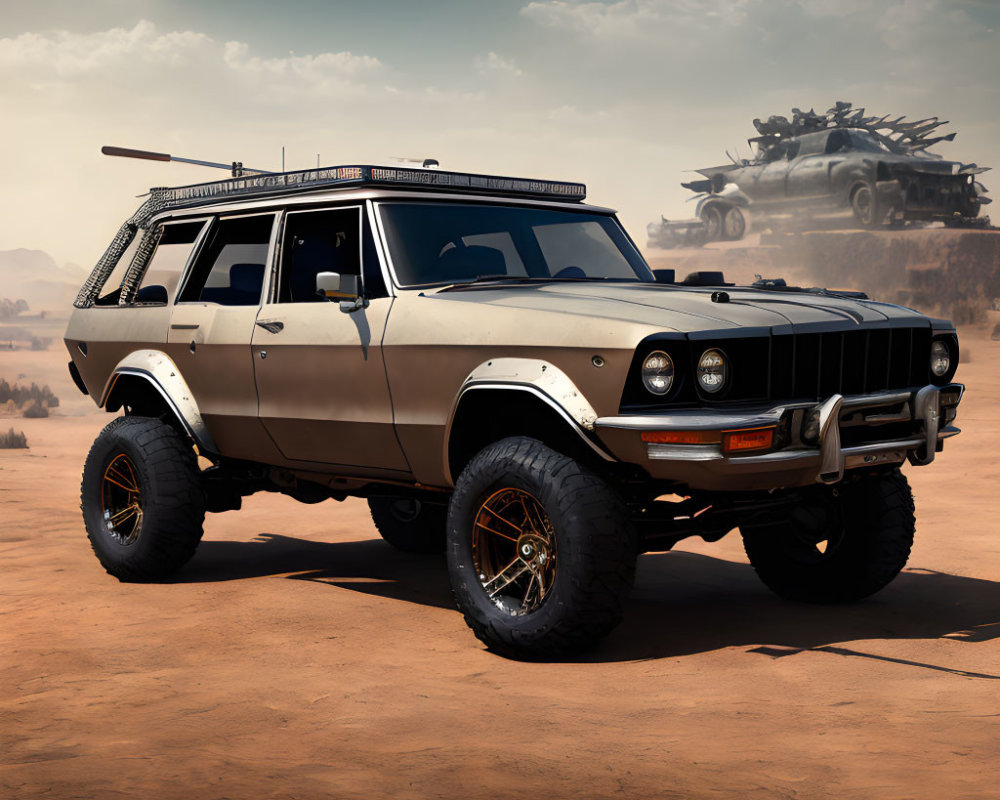 Vintage SUV with off-road tires parked in desert with armored vehicle in background