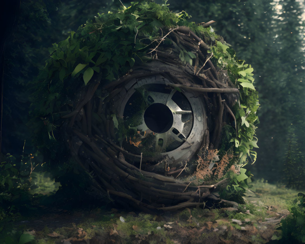 Abandoned tire surrounded by branches and leaves in misty forest