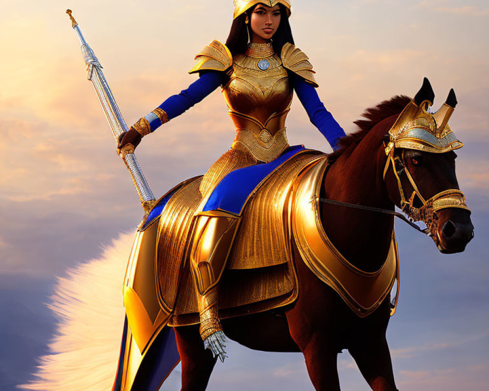 Golden-armored warrior woman on horseback with sword in hand against dusk sky