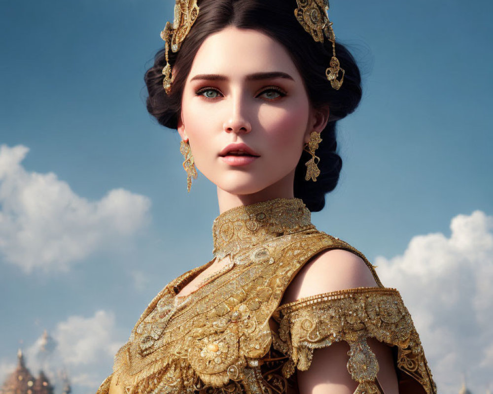 Striking blue-eyed woman in gold traditional outfit and regal headdress