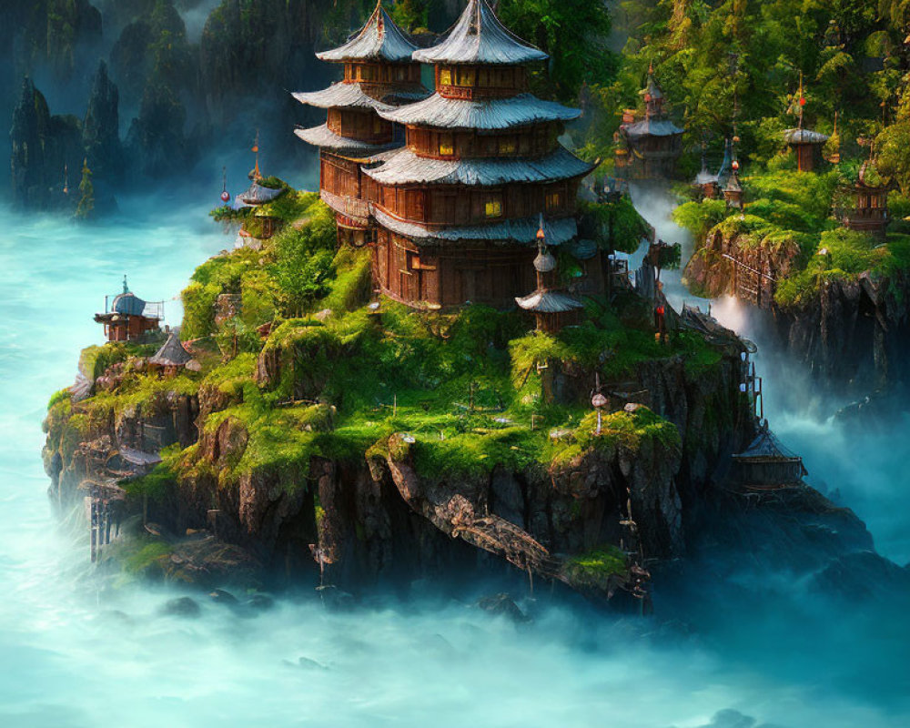 Traditional Asian-style pagodas on lush floating islands with mist and rock formations