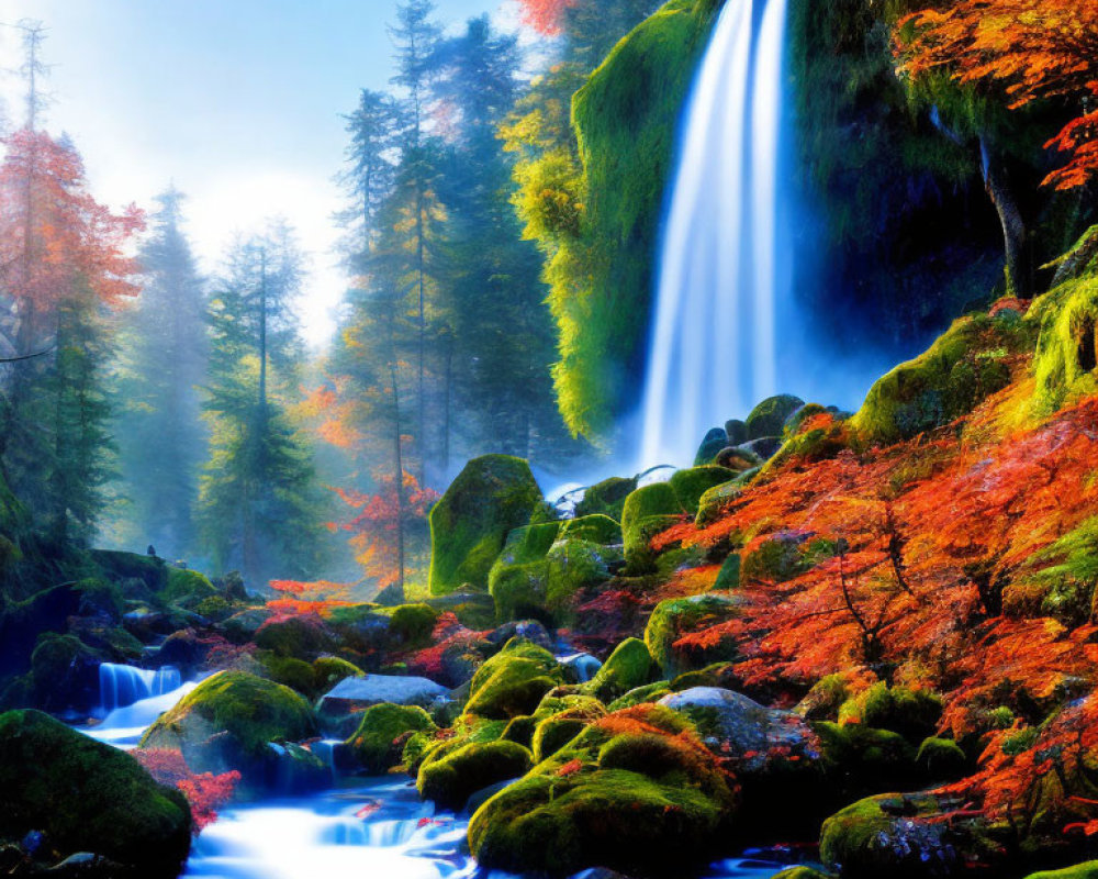 Scenic waterfall in autumn forest with moss-covered rocks