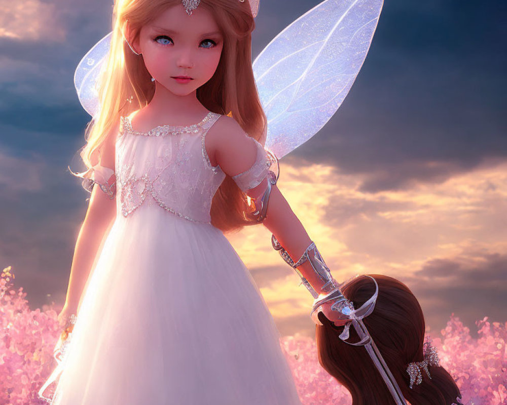 Young fairy girl with translucent wings and sword in pink flower field