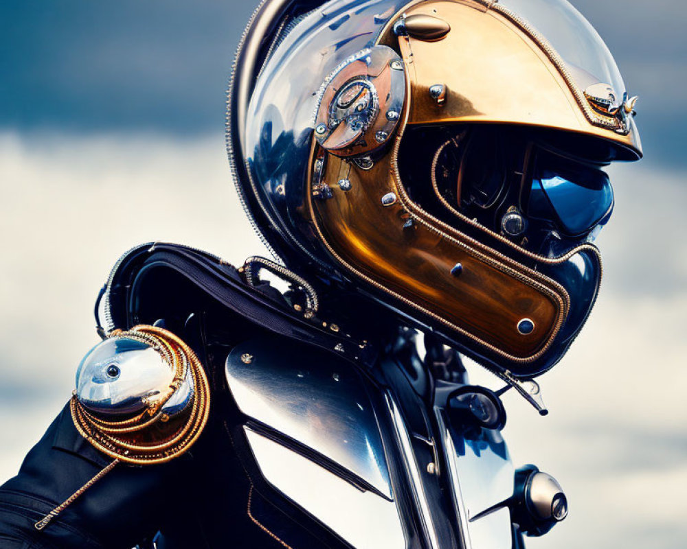 Person in Black Motorcycle Gear with Golden Retro Helmet and Goggles on Blurred Blue Sky Background