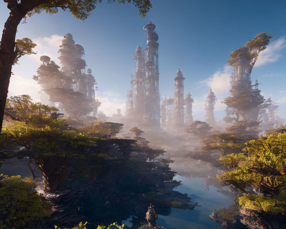 Mystical landscape with towering rock formations and lush greenery