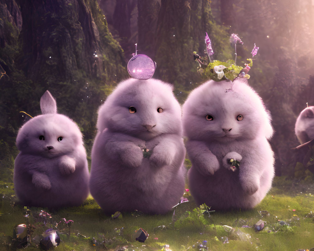 Fluffy purple cat-like creatures in enchanted forest with crystals and mystical orb