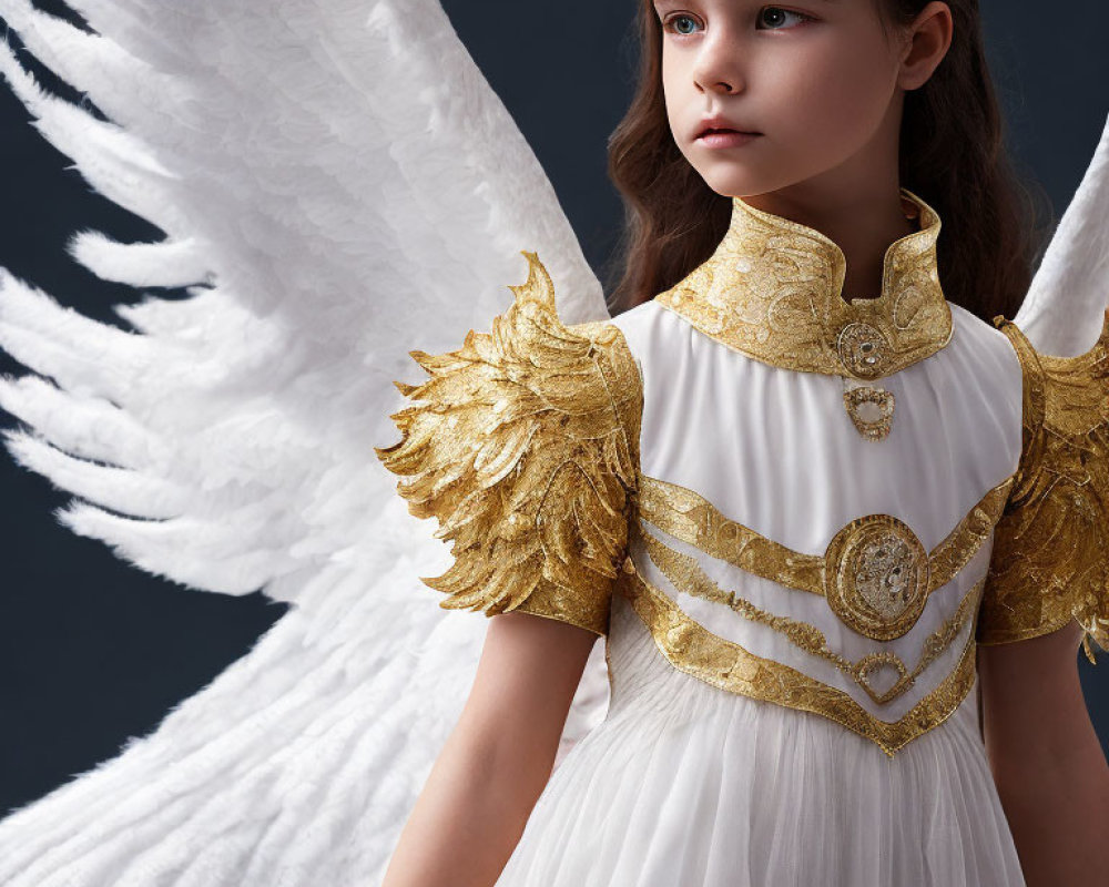 Young Girl in White and Gold Angelic Costume with Feathered Wings on Dark Background