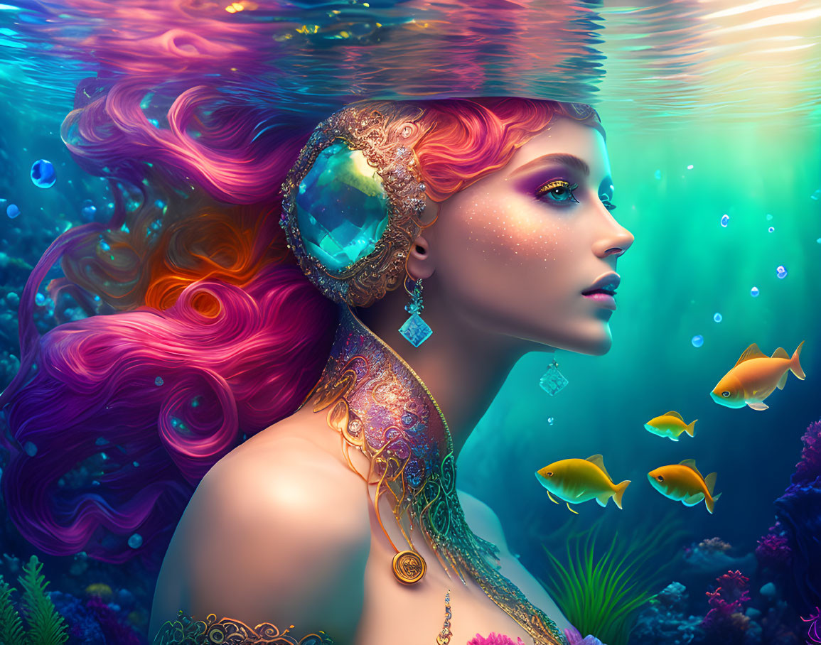 Mythical female underwater with pink hair and fish in luminescent sea