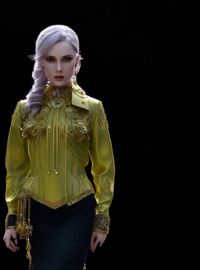 Victorian-inspired gold and green jacket on pale woman with white hair