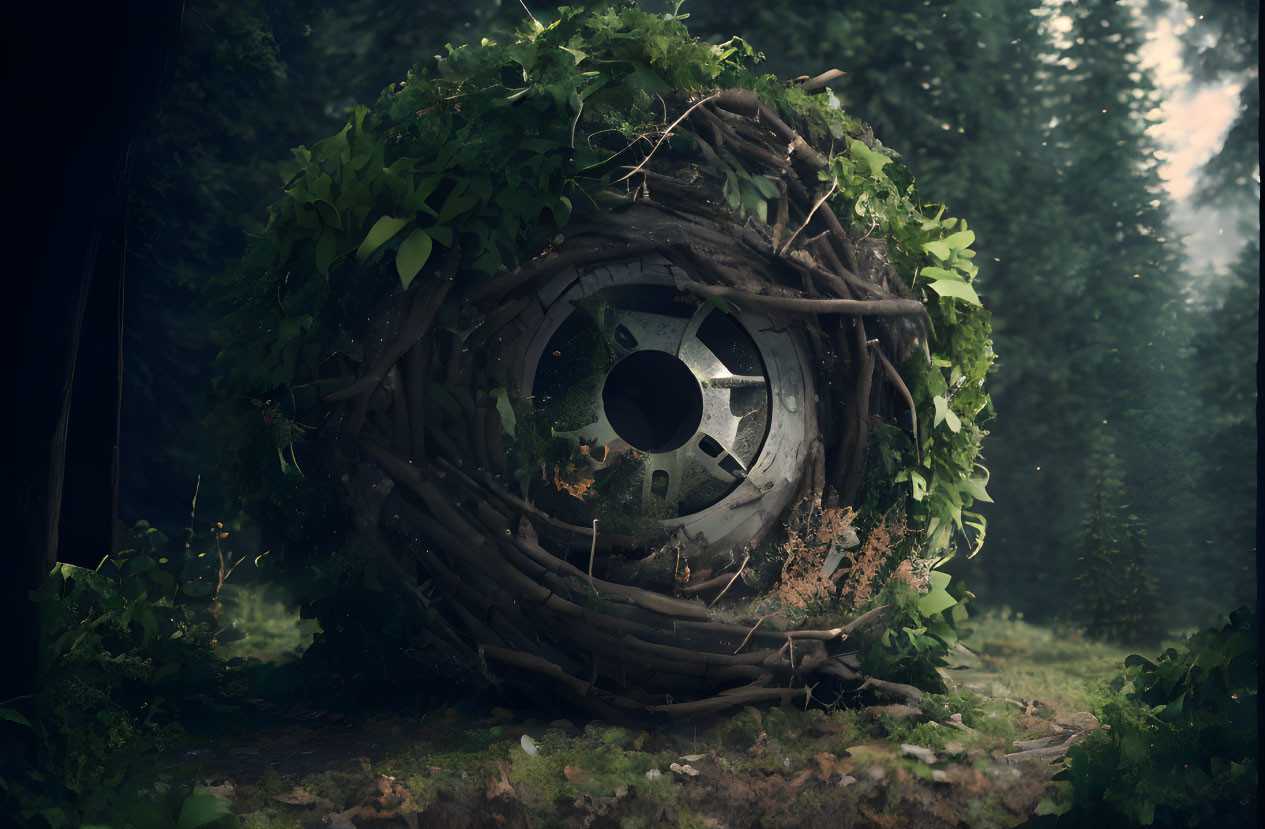 Abandoned tire surrounded by branches and leaves in misty forest