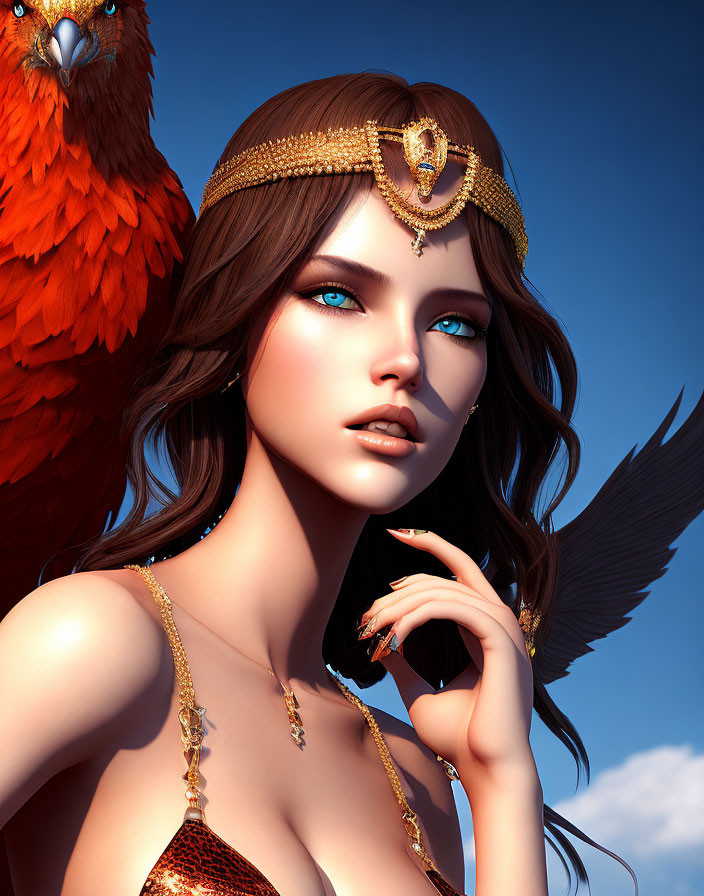 Digital portrait of woman with blue eyes, gold headpiece, and red parrot