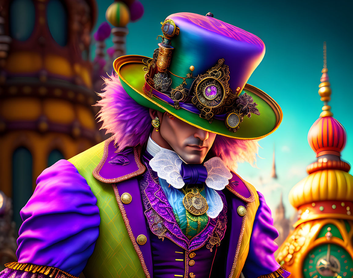 Colorful 3D-rendered steampunk figure in purple coat and hat with mechanical accessories