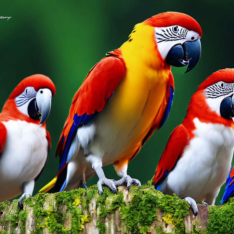 Colorful Macaws Perched on Mossy Branch in Green Background