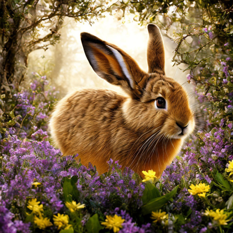 Brown Rabbit Among Purple and Yellow Flowers in Enchanting Forest