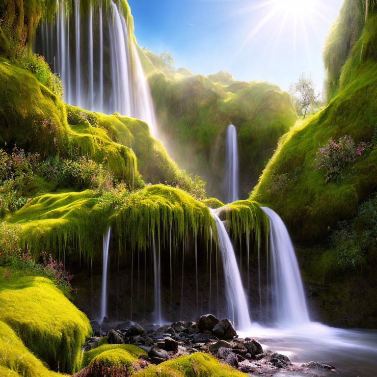 Tranquil waterfall on mossy rocks under sunny sky