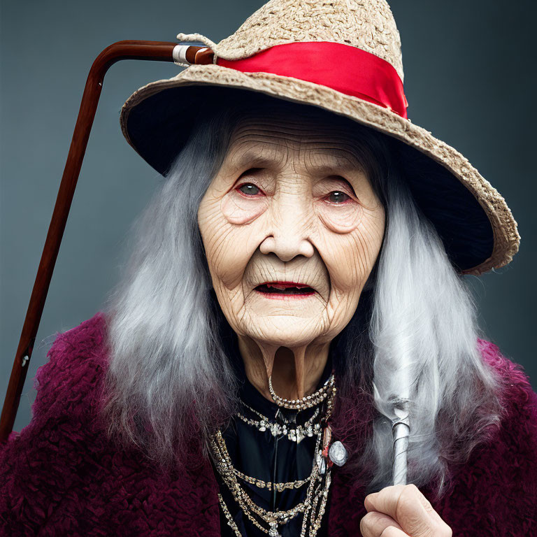 Elderly woman in red hat and cardigan, with gray hair and cane