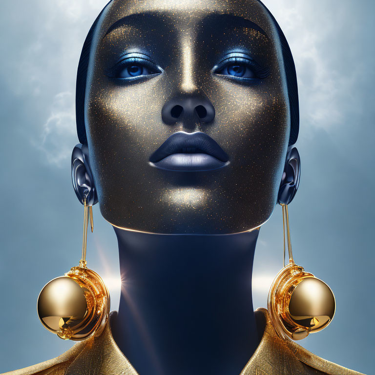 Woman with Shimmering Blue Face and Gold Lips in Digital Art