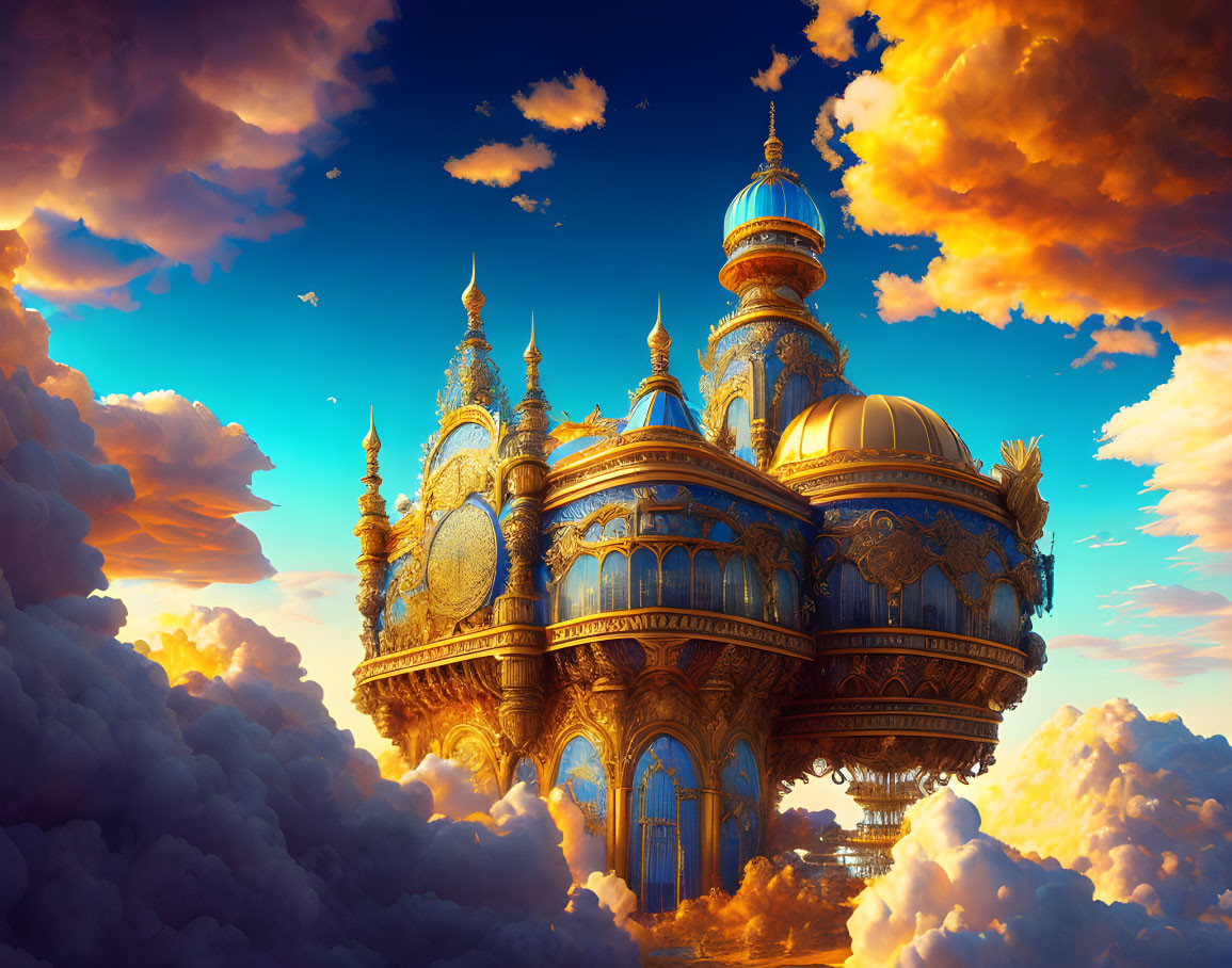 Ornate blue and gold floating palace against sunset sky