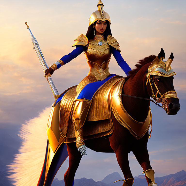 Golden-armored warrior woman on horseback with sword in hand against dusk sky