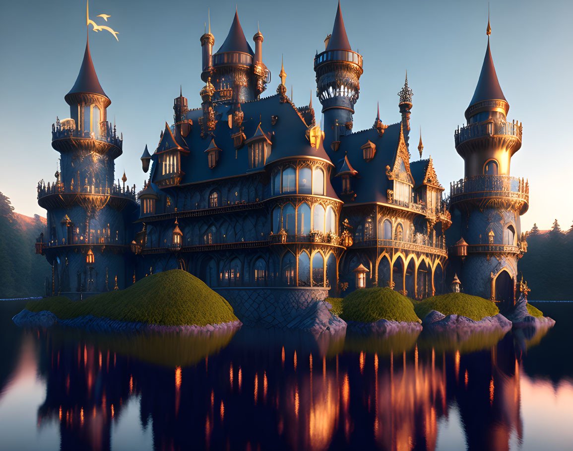 Fantasy castle with spires and towers by water at dusk