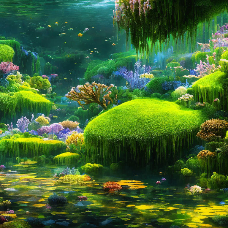 Colorful Underwater Scene with Coral, Fish, and Greenery