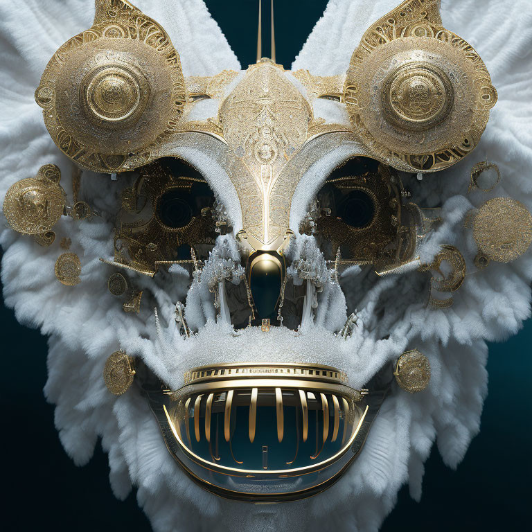 Detailed ornate mask with gold accents and white plumes on dark background