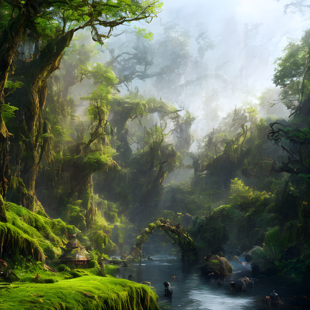 Mystical forest scene with ancient trees, serene river, and ethereal sunlight.