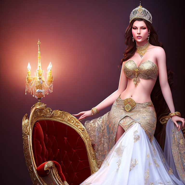 Regal woman in golden crown and bejeweled attire with candelabra.